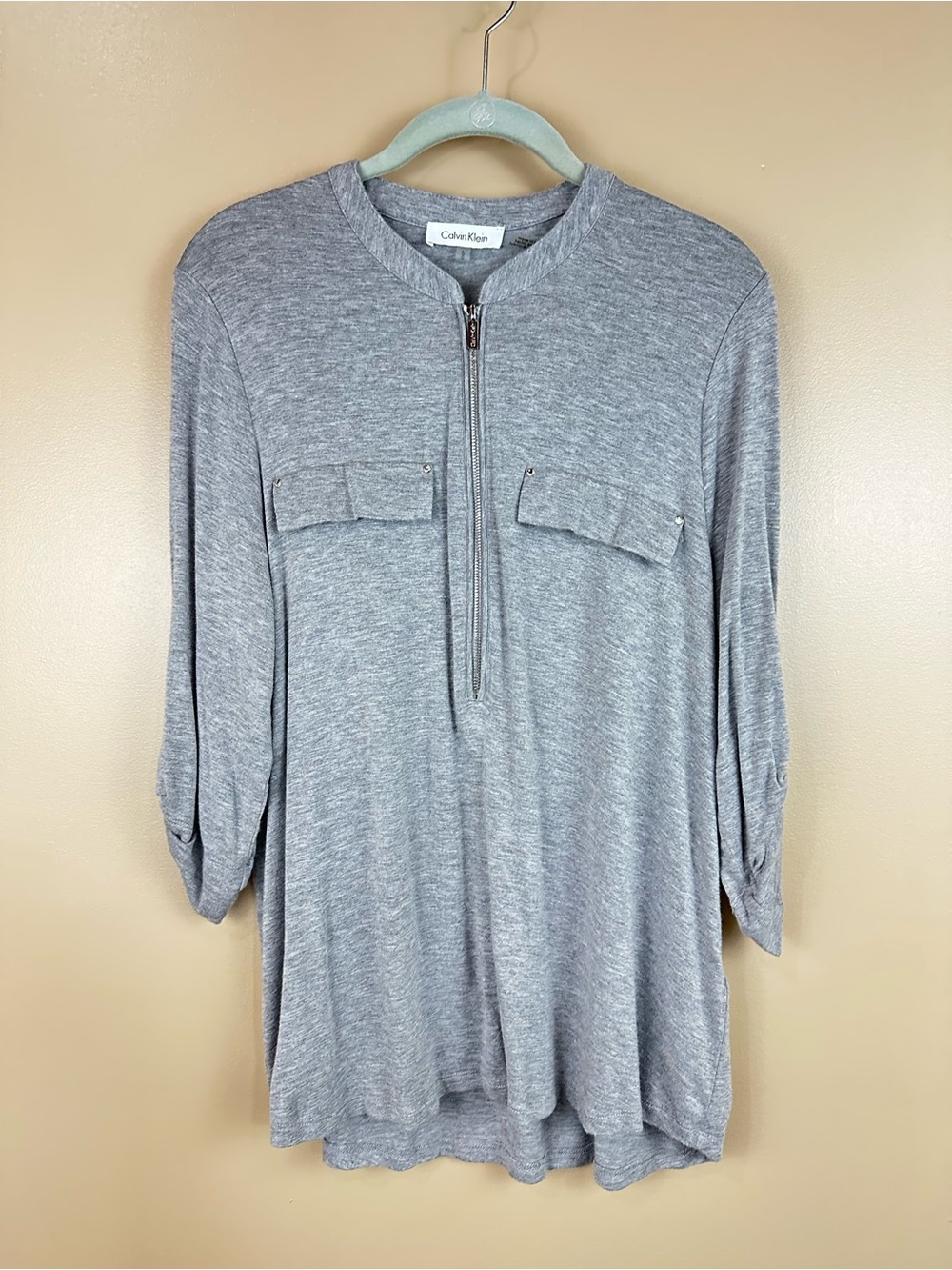 Calvin Klein Womens Large Gray Half Zip 3/4 Sleeve Utility Tunic Top Casual